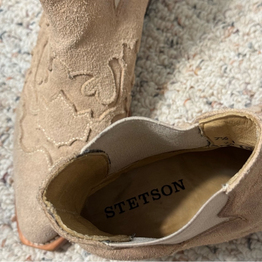 STETSON Short Western Boots Toasted Almond Suede Embroidered Chelsea Bootie - Picture 7 of 8